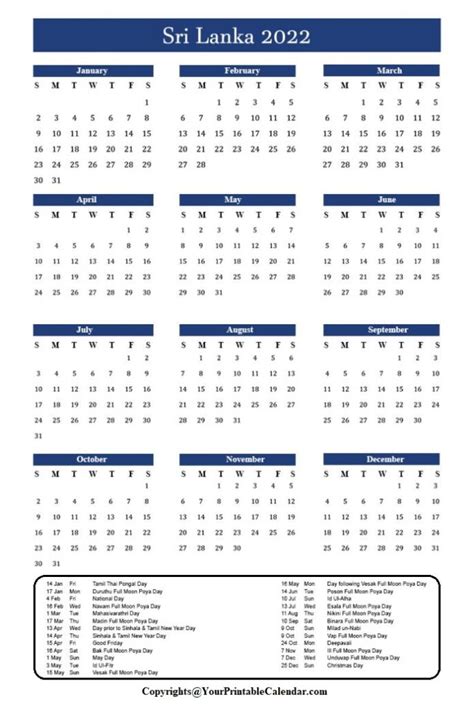 Sri Lanka 2022 Printable Calendar Calendar Dream