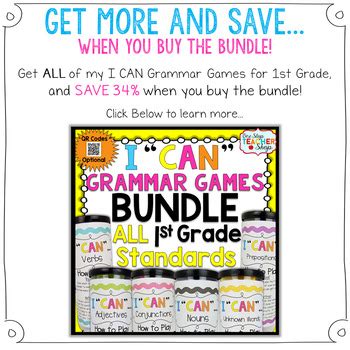 Groups of worksheets on nouns, verbs, pronouns, adjectives, other grade 1 language arts: 1st Grade Nouns Game FREE | I CAN Grammar Games by One ...