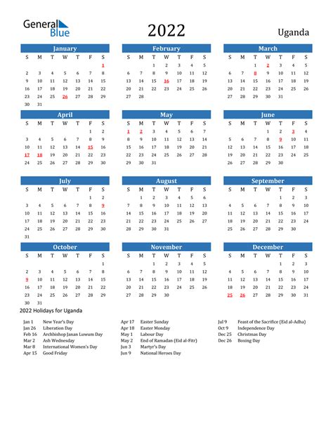 2022 Uganda Calendar With Holidays