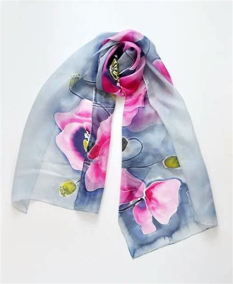 Hand Painted Silk Scarf With Pink Poppiesshades Of Light Mint And Navy