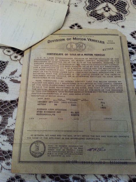 VINTAGE 1959 MOTOR VEHICLE CAR TITLE 1950 MURCURY ALEXANDIRA VA