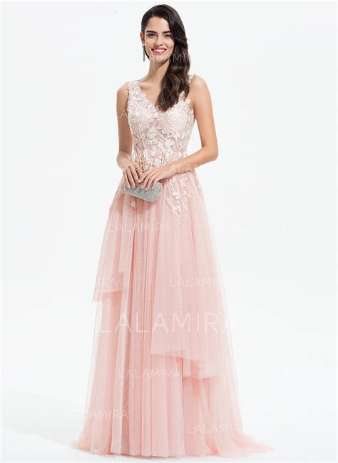 A Line V Neck Sweep Train Tulle Prom Dresses With Lace 220338 Lalamira