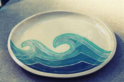 Handmade Ceramic Water Wave Plate Sgraffito Carved Blue Sea Wave