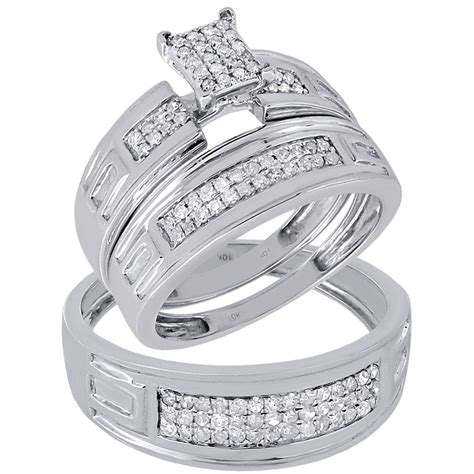 10k White Gold Diamond Trio Set Matching Engagement Ring And Wedding Band