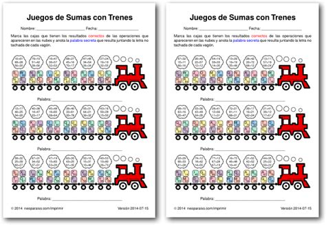 Centro de recursos, ejercicios, tablas, juegos para imprimir en español. Juegos Matemáticos de Sumas