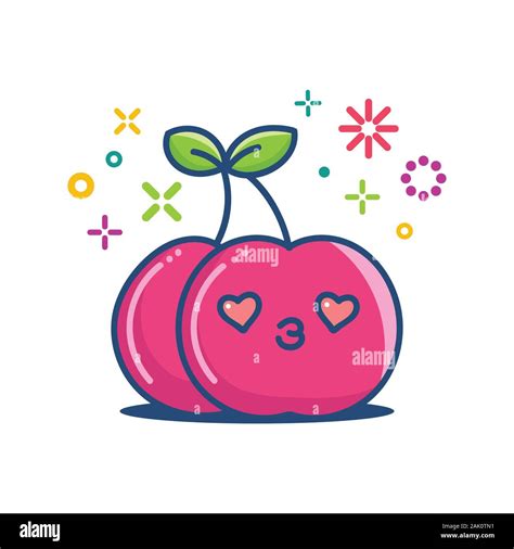 Cherry Kawaii Emoticono Cartoon Ilustración Aislado En Blanco Imagen