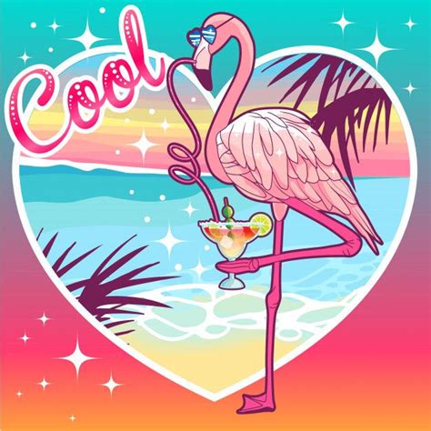 Cool Flamingo Drinks Margarita On A Sunset Landscape Flamingo Vector