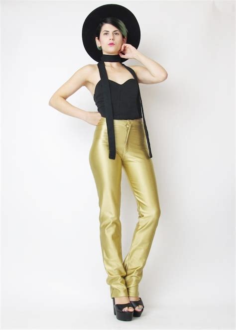 Vintage 1970s Disco Pants Shiny Gold Spandex Pants High Waisted Gold Leggings Xs Ebay