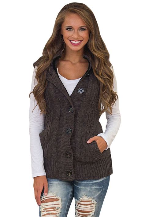 Brown Cable Knit Hooded Sweater Vest Knitted Pullover Sweaters Hooded
