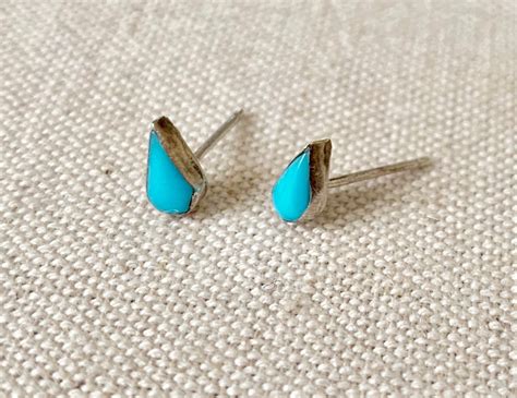 Tiny Turquoise Teardrop Earrings Vintage Native American Handmade