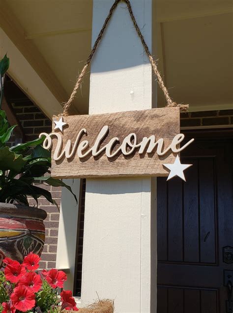 Wooden Welcome Sign With Stars Etsy Wooden Welcome Signs Kids Door