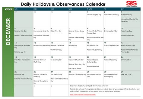 December 2022 Printable Daily Holiday Calendar Sands Blog