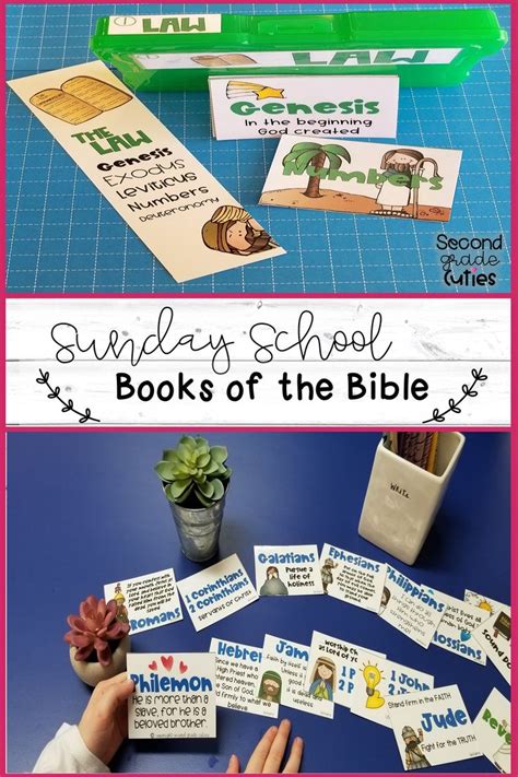 The Sunday School Books Of The Bible Are On Display In Front Of A Blue