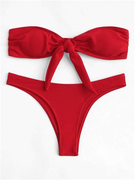 Red Swimsuit Knot Front Bandeau Top With High Leg Bikini Bottom