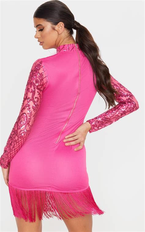 Pink Sequin Tassel Hem Bodycon Dress Prettylittlething Usa