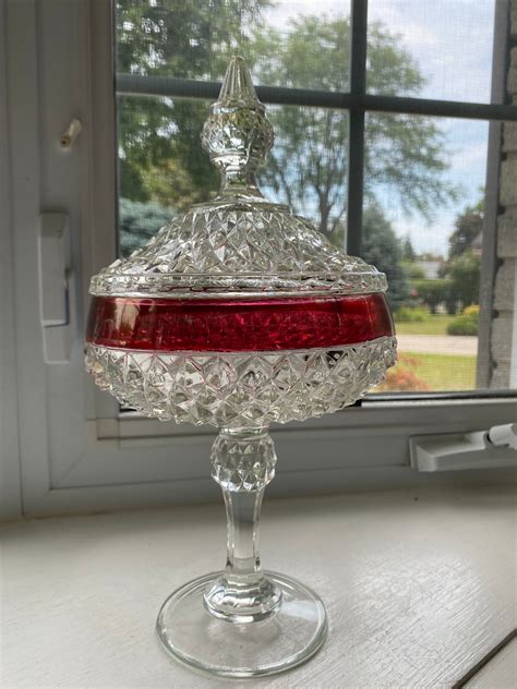 vintage pedestal pressed glass candy dish with cranberry glass etsy