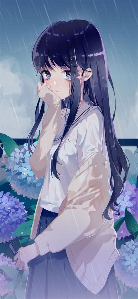 Download 1125x2436 Anime Girl Raining Flowers Black Hair Tears Crying Emotional Wallpapers