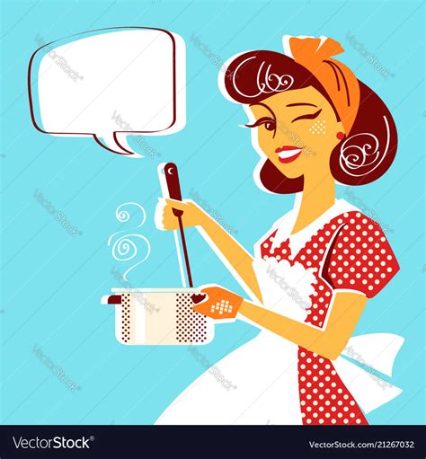 Portrait Of Young Housewife Cooking Soup Vector Image