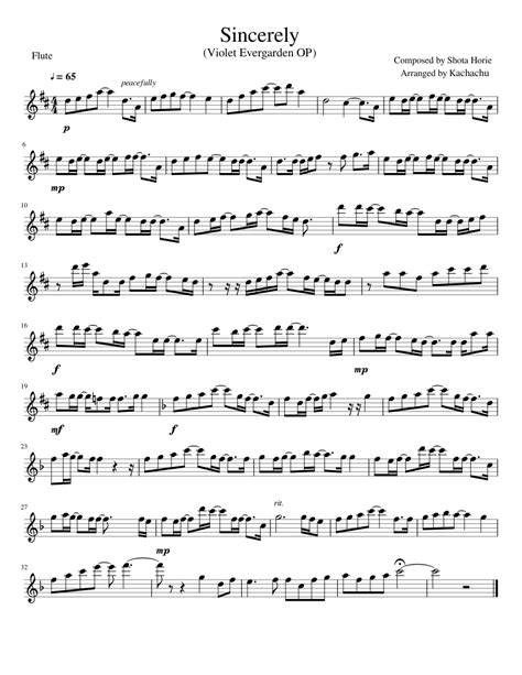 Sincerely Violet Evergarden Sheet Music For Flute Woodwind Ensemble