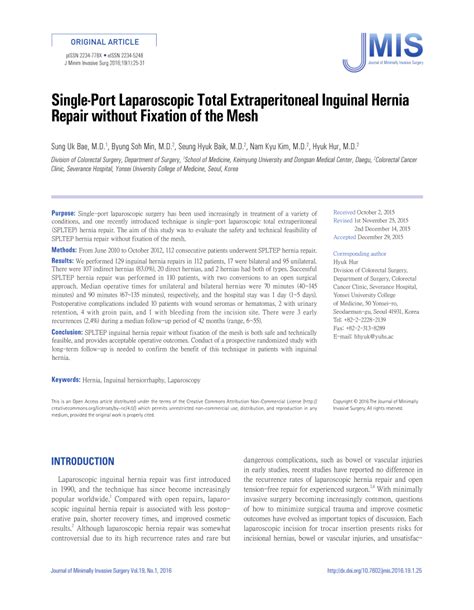 Pdf Single Port Laparoscopic Total Extraperitoneal Inguinal Hernia