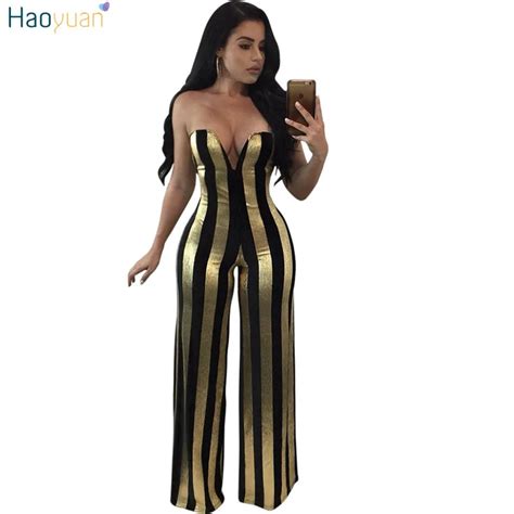 Haoyuan Gold Balck Striped Rompers Womens Jumpsuit Elegant Off Shoulder Sexy Bodysuit Party