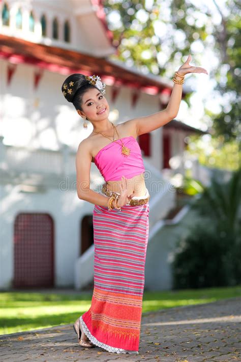 Thai Dancing Girl With Northern Style Dress In Temple Stock Image