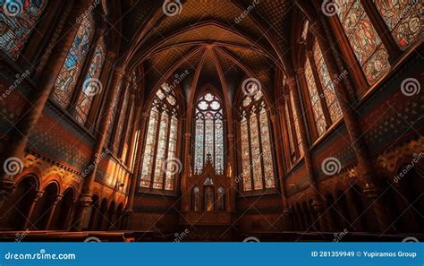 Inside the Majestic Gothic Abbey, Stained Glass Windows Illuminate