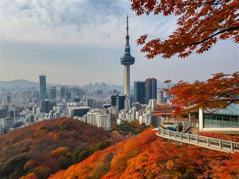 Premium Photo Namsan Tower And Pavilion During The Autumn Leaves In