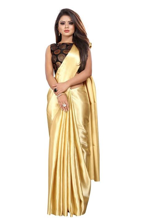gold plain satin saree with blouse plenary fashion 3319413