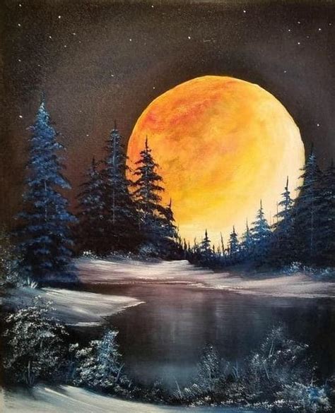 A Painting Of A Snowy Night With Trees And A Full Moon In The Sky Over