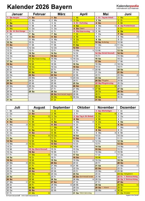 Kalender 2026 Bayern Ferien Feiertage Excel Vorlagen
