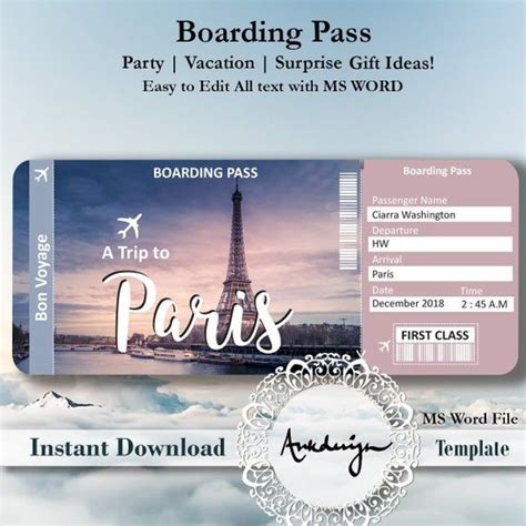 Paris Ticket Airline Ticket Digital Download Airplane Ticket Boarding Pass Surprise T