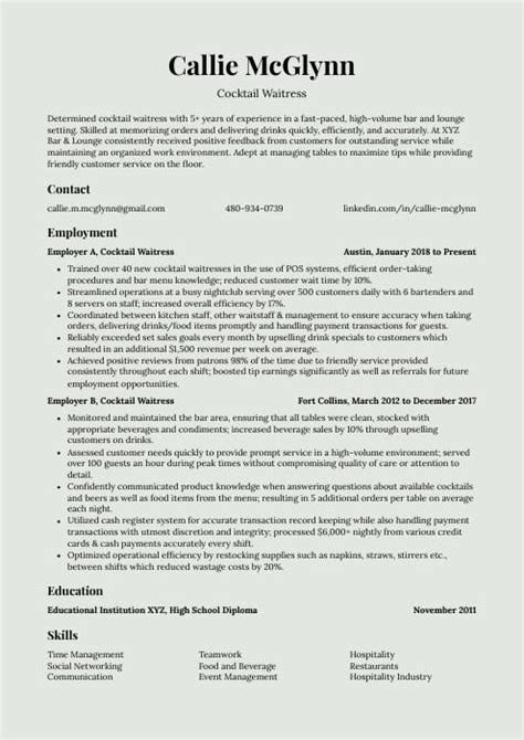 Cocktail Waitress Resume Cv Example And Writing Guide