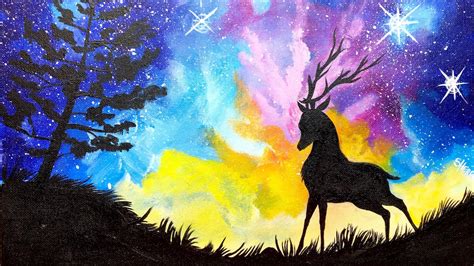Acrylic Starry Night Sky And Stag With Aurora Borealis