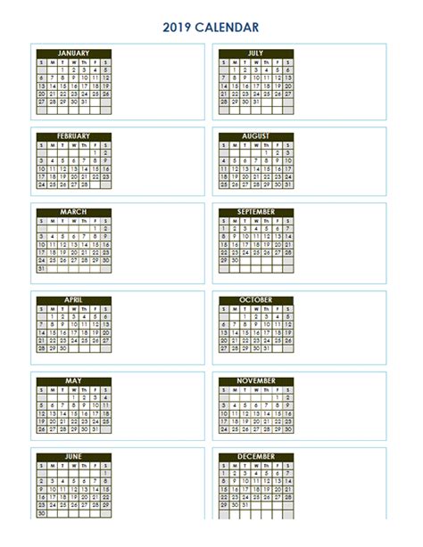 2019 Blank Yearly Calendar Vertical Template Free Printable Templates