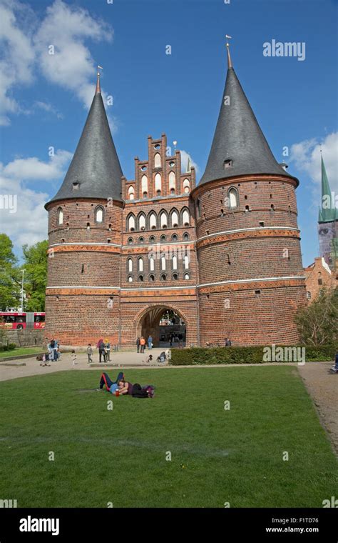 People Relaxing Holstentor Holsten Gothiccity Gate Unesco Heritage Site