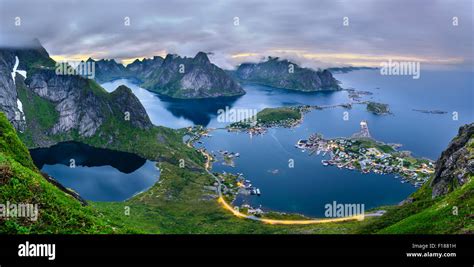 Panorama Of Mountains And Reine In Lofoten Islands Norway Viewed From