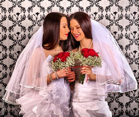 Lesbian Couples In Wedding Bridal Dress Kissing Same Sex Marriage And