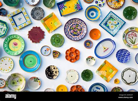 Collection Of Colorful Portuguese Ceramic Pottery Local Craft Products