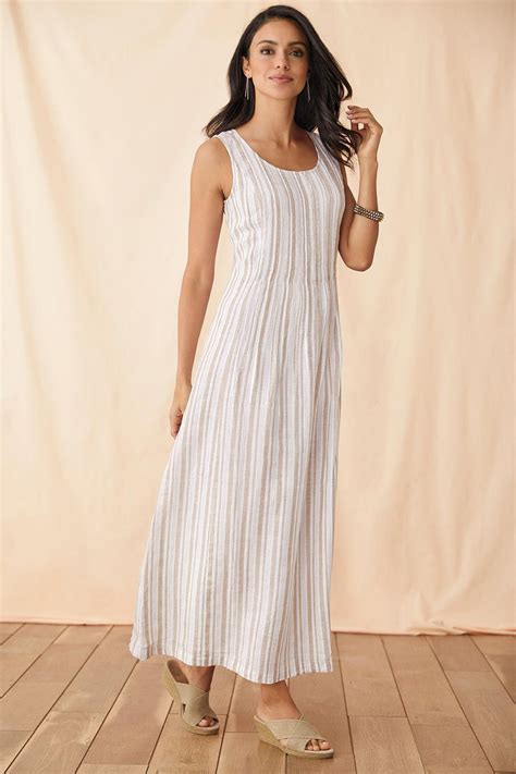 Striped Long Linen Pintuck Dress Travelsmith 99 95 Dresses Pintucked Dress Sleeveless