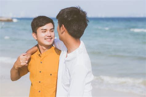 Homosexual Portrait Young Asian Couple Standing Hug Together On Beach