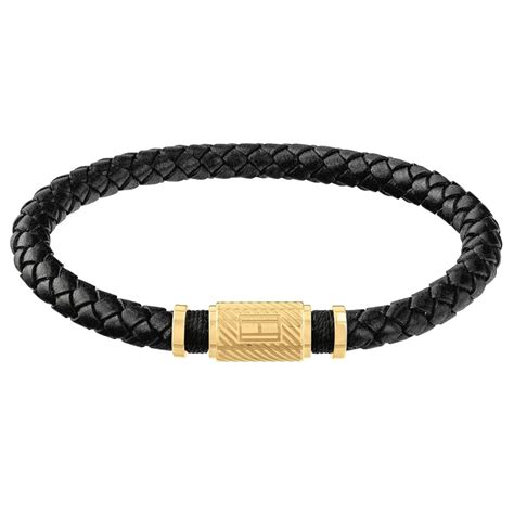 Tommy Hilfiger Mens Black Leather Bracelet With Gold Plated Clasp