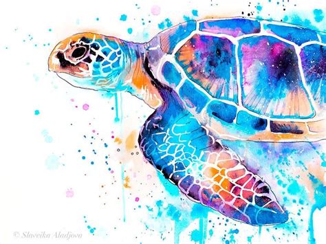 A Watercolor Painting Of A Sea Turtle In Blue Orange And Pink Colors