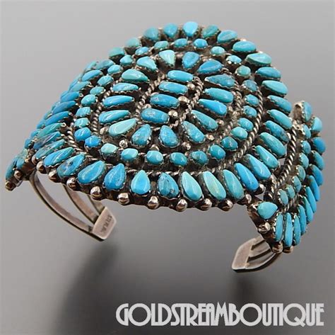 Navajo Zuni Sterling Silver Turquoise Petit Point Wide Cluster Cuff