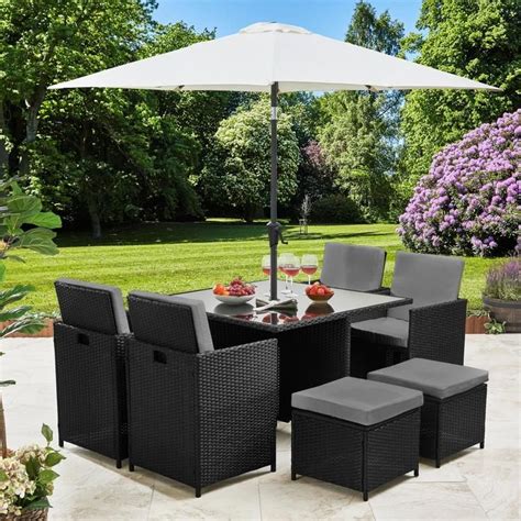 8 Seater Rattan Cube Outdoor Dining Set with Parasol - Grey Weave in