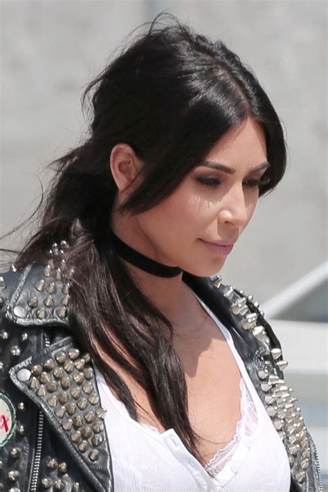 Kim Kardashian Straight Dark Brown Low Ponytail Overgrown Bangs