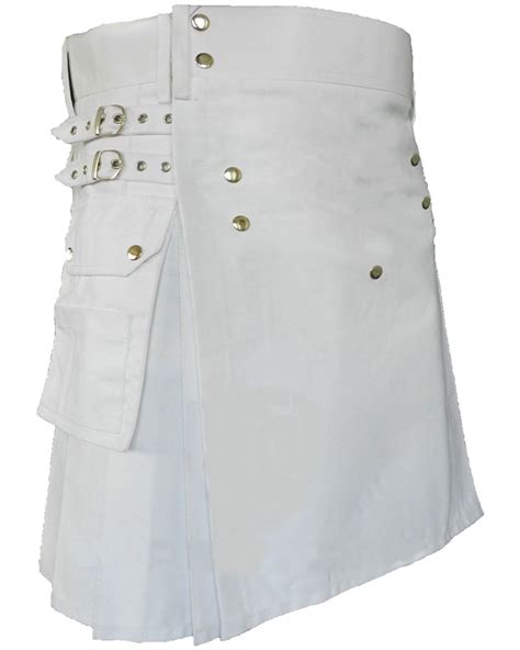 Mens Utility White Cotton Kilt With Front Buttons