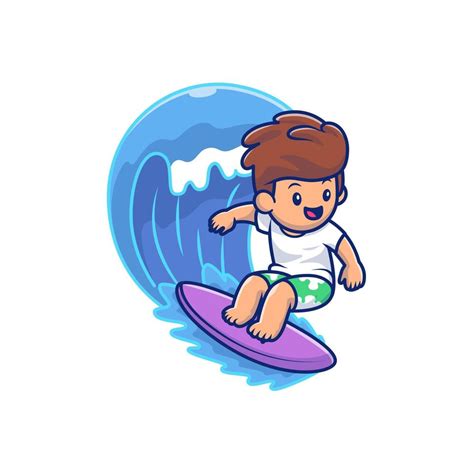 Cute Boy Surfing On Wave Cartoon Vector Icon Illustration People And