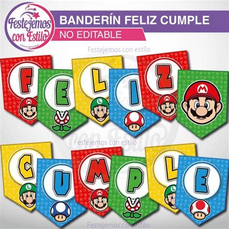 Mario Bros Banderín Imprimible Feliz Cumple Festejemos Con Estilo
