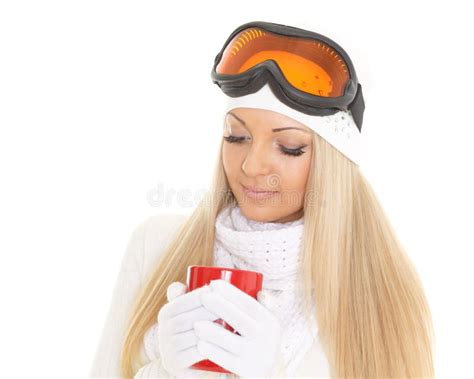 Young Woman In Ski Glasses With Red Cup Stock Image Image Of Fitness Drinking 62729347